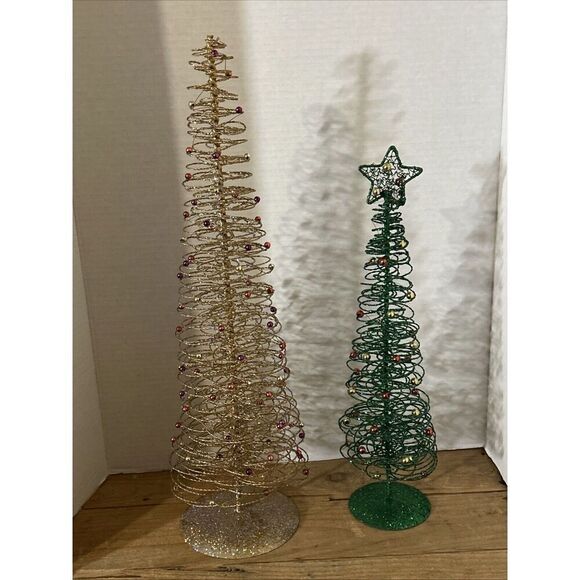 Set Of 2 Crate & Barrel Beaded Wire Glitter Christmas Trees 20” &  15” Tall - Picture 1 of 5
